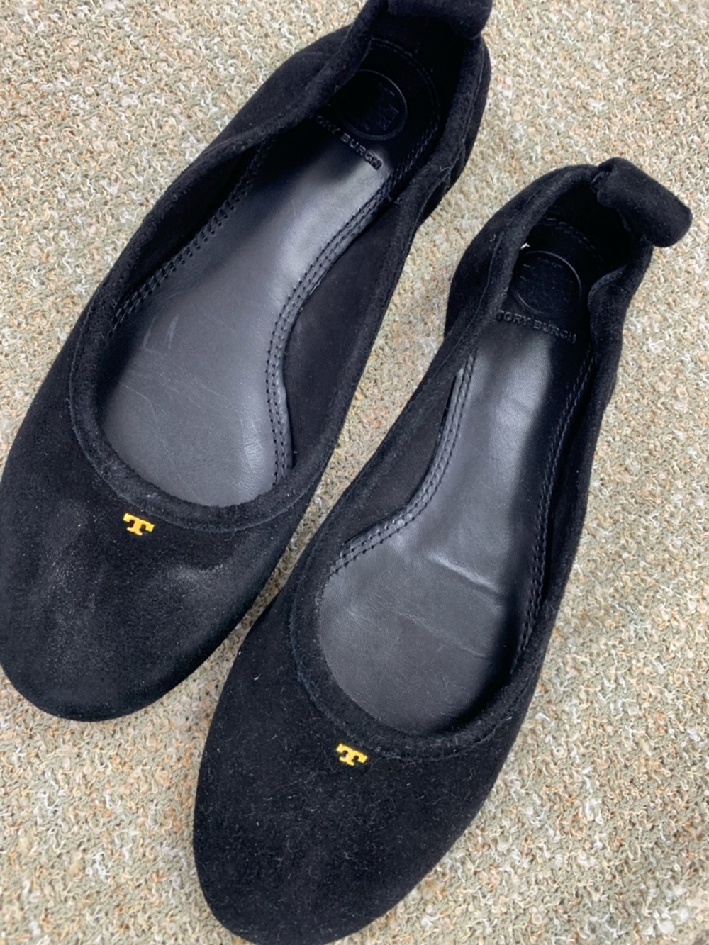 Tory Burch Black Suede Ballet Flats with Gold Logo